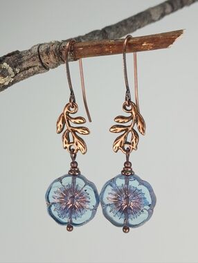 HAND CRAFTED Blue Czech Glass Flower Copper Leaf Dangle Earrings